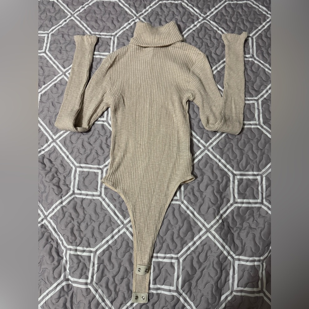 Vici Taupe Turtleneck Ribbed Sweater Bodysuit